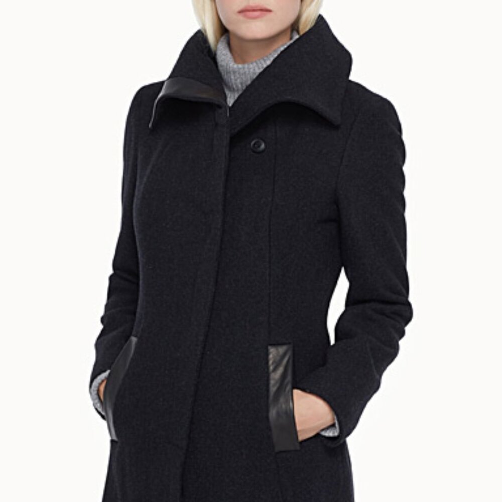 Soia & Kyo Black Wool-Blend Pea Coat with Leather-Trim Pockets
